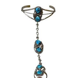 Vtg Navajo Sterling Silver Turquoise Slave Bracelet Ring RB Signed Sz 7 Feathers